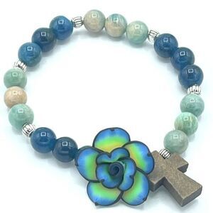 Crystal beaded stretch bracelet ONE NEW apatite Amazonite cross flower reiki med